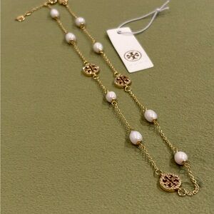 Elegant Tory Burch Gold with Pearl & Crystal Necklace